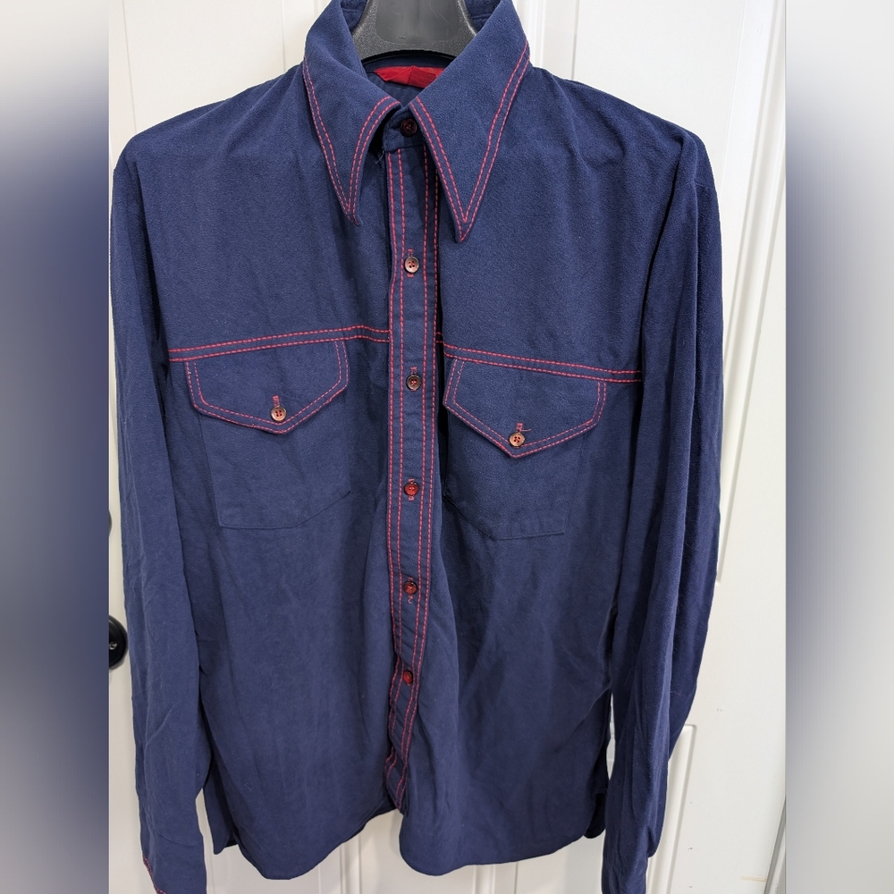 Vintage 70s Sovereign Collection Western Shirt Indigo Red Stitch Dagger Collar L